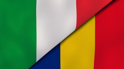 The flags of Italy and Romania. News, reportage, business background. 3d illustration
