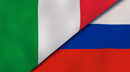 The flags of Italy and Russia. News, reportage, business background. 3d illustration