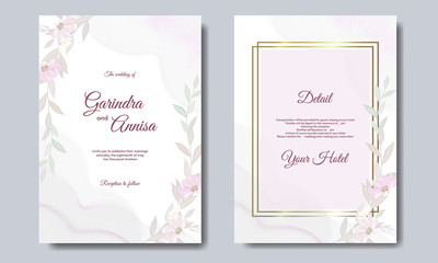 Elegant wedding invitation card template design with golden frame and leaves Premium Vector