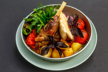 delicious baked leg of lamb with grilled vegetables