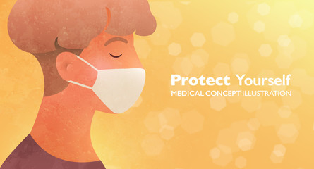 Man wearing face mask protecting herself from pollution and virus. Protect yourself concept illustration. Vector design banner template.