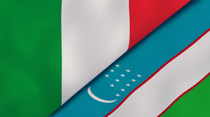 The flags of Italy and Uzbekistan. News, reportage, business background. 3d illustration