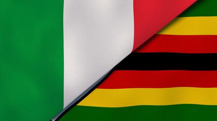 The flags of Italy and Zimbabwe. News, reportage, business background. 3d illustration