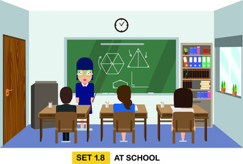 Classroom interior flat vector illustration. Young woman is teaching the children in school. Learning concept with blackboard, students, teacher and bookcase