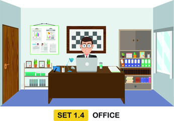 Concept of a business man working in the office with desk, laptop, pictures, bookcase. Flat vector illustration of workplace interior.