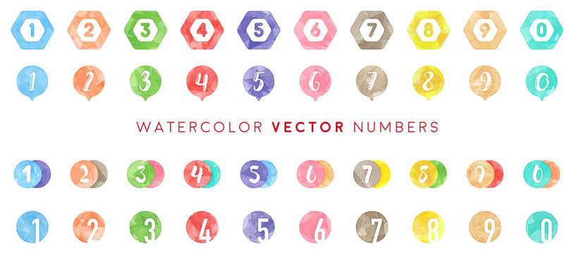 watercolor numbers icon set (vector)