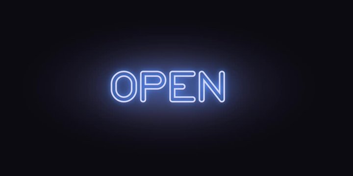 Blue neon sign flickering blinking on black background, open shop bar sign concept sign flashes and blinks