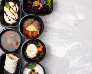 Ready meal to eat in food containers, no sugar and gluten concept. Proper nutrition idea