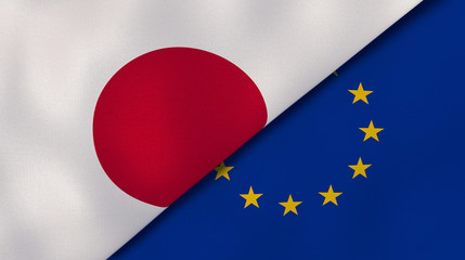 The flags of Japan and European Union. News, reportage, business background. 3d illustration