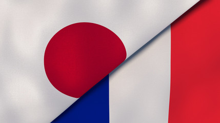 The flags of Japan and France. News, reportage, business background. 3d illustration