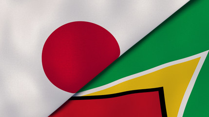 The flags of Japan and Guyana. News, reportage, business background. 3d illustration