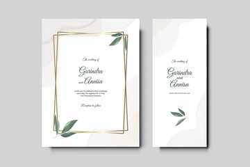 Elegant wedding invitation card template design with golden frame and leaves Premium Vector