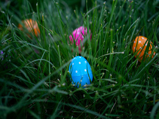 Easter eggs scattered in green grass
