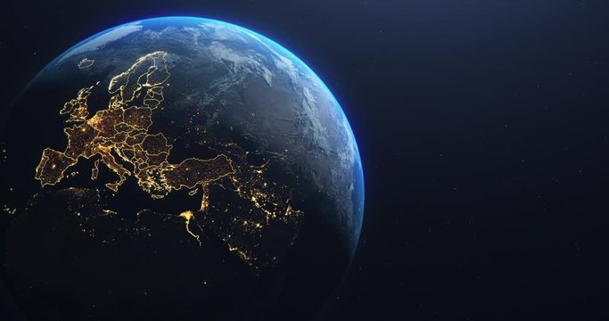 Planet Earth from Space EU European Countries highlighted, state borders and counties animation, city lights, 3d illustration, elements of this image courtesy of NASA