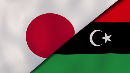 The flags of Japan and Libya. News, reportage, business background. 3d illustration