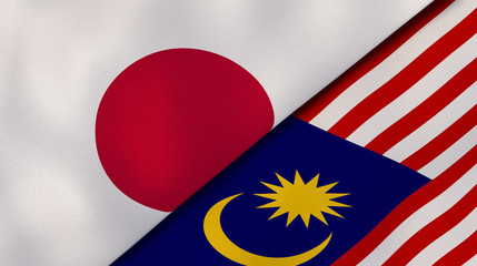 The flags of Japan and Malaysia. News, reportage, business background. 3d illustration
