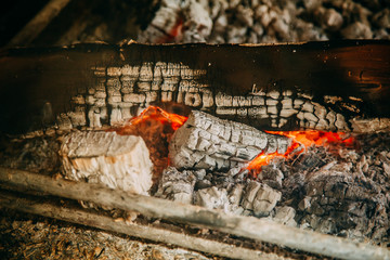 Flame of burning logs in the fireplace