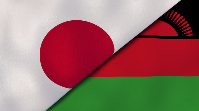 The flags of Japan and Malawi. News, reportage, business background. 3d illustration