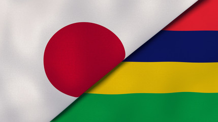 The flags of Japan and Mauritius. News, reportage, business background. 3d illustration