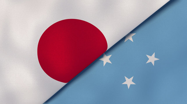 The flags of Japan and Micronesia. News, reportage, business background. 3d illustration