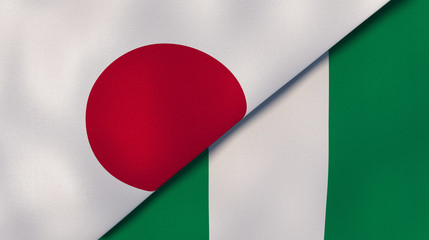 The flags of Japan and Nigeria. News, reportage, business background. 3d illustration