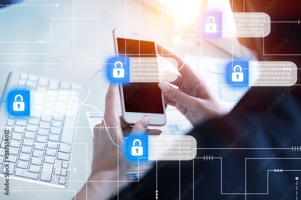Poster hacker attack and data breach, information concept. human hands with smartphone