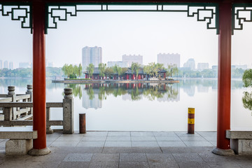 Central island in Daming Lake. This building called Lixia Pavilion, it is  a landmark for Jinan.