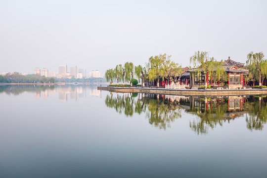 Central island in Daming Lake. This building called Lixia Pavilion, it is  a landmark for Jinan.
