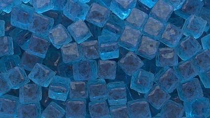 Pieces of crushed cubes isolated ice on a blue background fall down. Irregular shape with reflection. Close the ice cube. 3D rendering animation. - Powered by Adobe