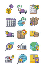 set of icons freight delivery logistics on white background