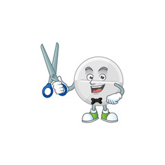 Cute Barber white pills cartoon character style with scissor