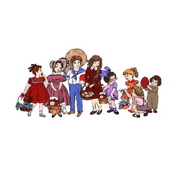 children gathering eggs, baskets, vintage style clip art preview