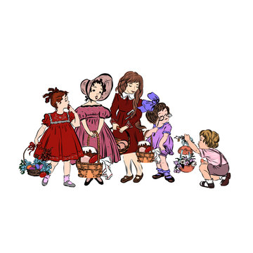girls with easter baskets clip art preview