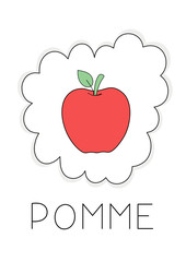apple in french, learning a new language. illustration of a red apple labeled
