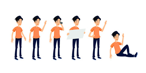 Obraz premium Set of a guy in casual clothes in different poses. A character for your project. Vector illustration in a flat style