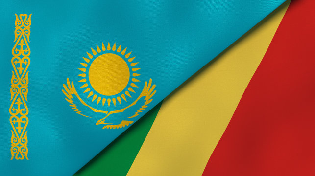 The flags of Kazakhstan and Congo. News, reportage, business background. 3d illustration