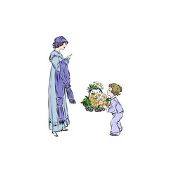 Son gives mom a basket of flowers. Boy congratulates woman on mother's day, women's day or birthday. Vintage style postcard. Hand drawn people in old-fashioned clothes. 