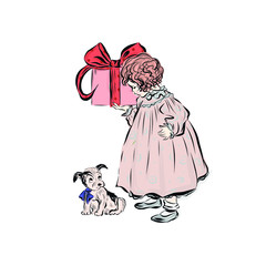 Little girl holds gift with decor of red satin ribbon looking and the dog. 