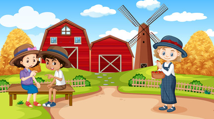Scene with three kids working on the farm