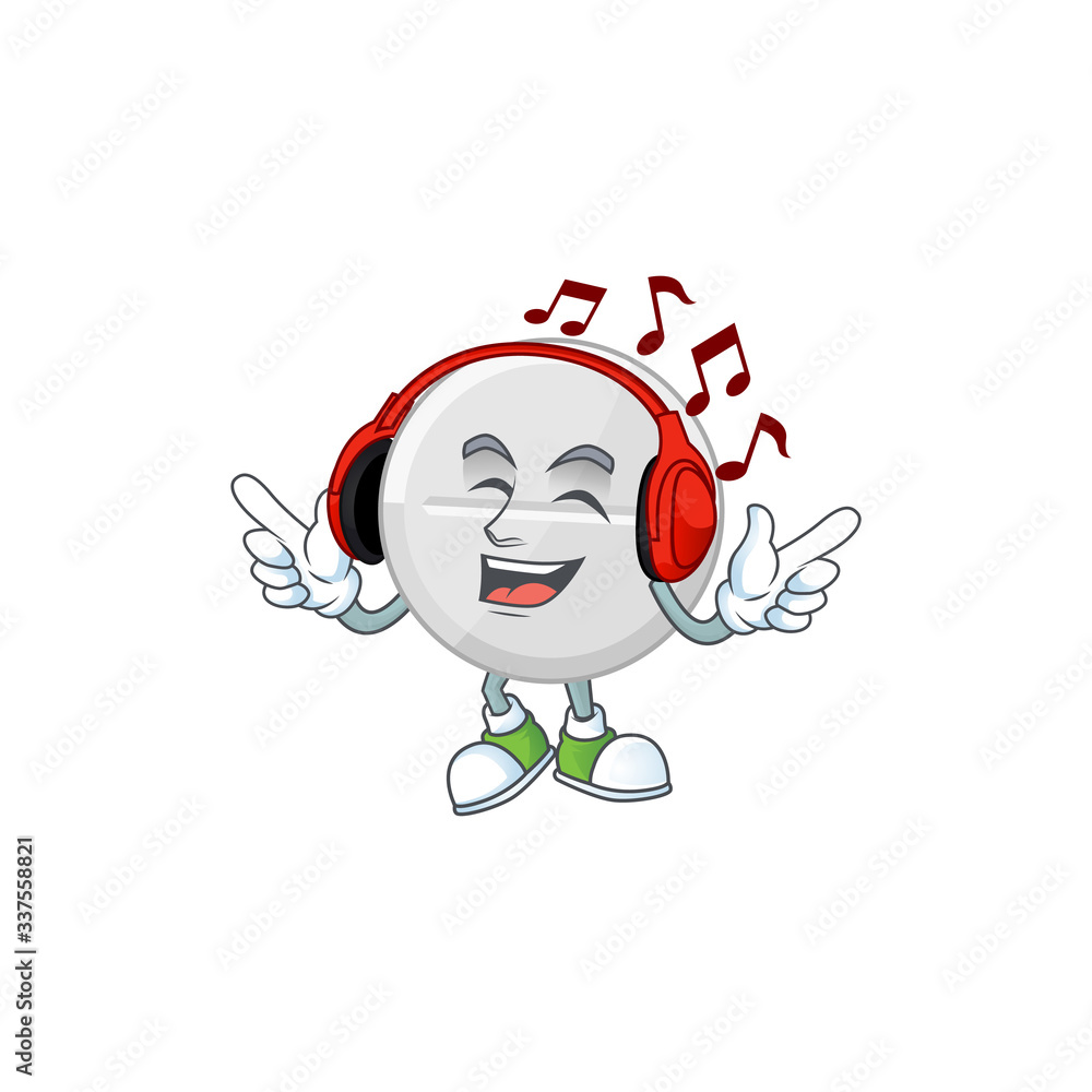 Poster Cartoon mascot design white pills enjoying music with headset