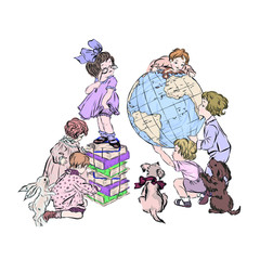 Children, rabbit and puppy viewing globe.  Young researchers. Geography lesson. Girl stands on stack of books holding pince-nez considers model of earth held by boys.  - obrazy, fototapety, plakaty