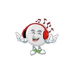 Cartoon mascot design white pills enjoying music with headset