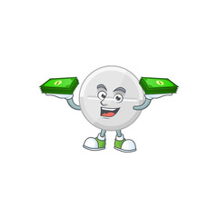 A cheerful white pills mascot design with some money on hands