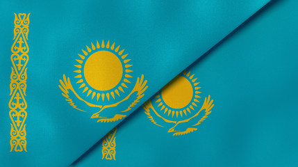 The flags of Kazakhstan and Kazakhstan. News, reportage, business background. 3d illustration