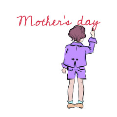 Boy writes on the wall congratulation on mother's day. Young artist. Children's pranks. Hand drawn clip art with child.