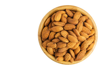 Dry Almonds in a brown Wooden cup isolated on white background. Top view and clipping path.