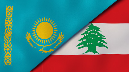 The flags of Kazakhstan and Lebanon. News, reportage, business background. 3d illustration