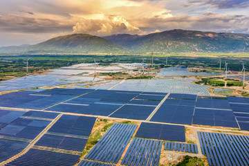 Aerial view of Solar panel, photovoltaic, alternative electricity source - concept of sustainable...