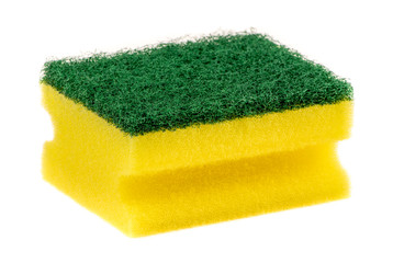 Dish sponge isolated on white background. Cleaning product. Yellow and green colored sponge.