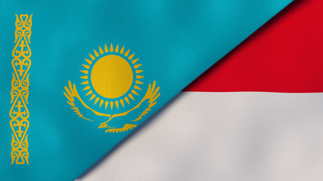 The flags of Kazakhstan and Monaco. News, reportage, business background. 3d illustration